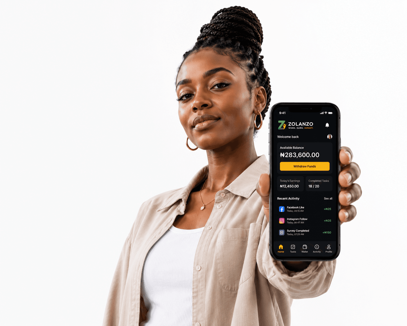 ZOLANZO Talent displaying mobile app interface